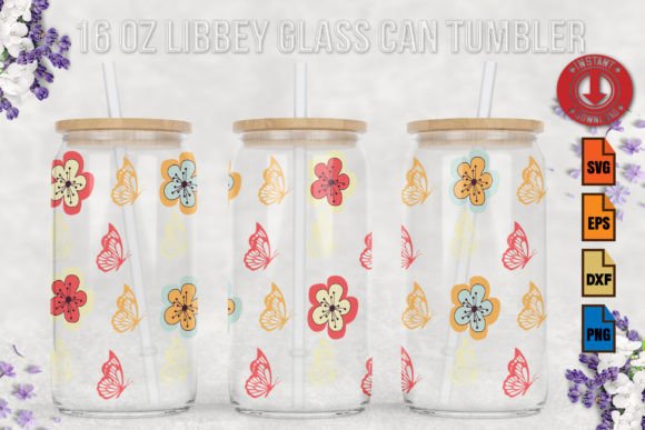 Butterfly Retro Flowers SVG 16oz Libbey