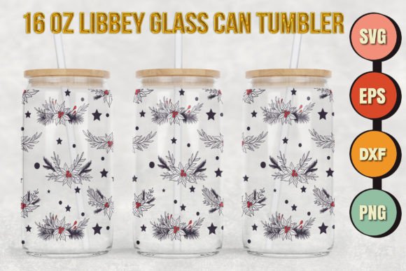 Christmas Flowers 16oz Libbey Glass Can